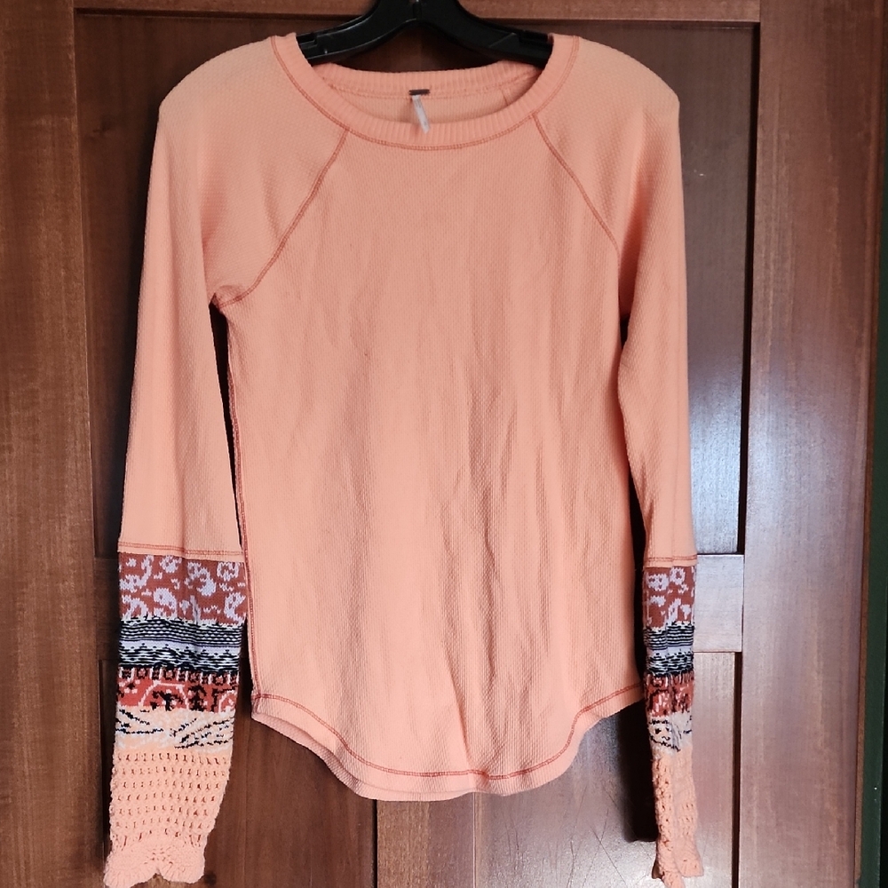 Free People Peach Long Sleeve Top with Patterned Sleeves
